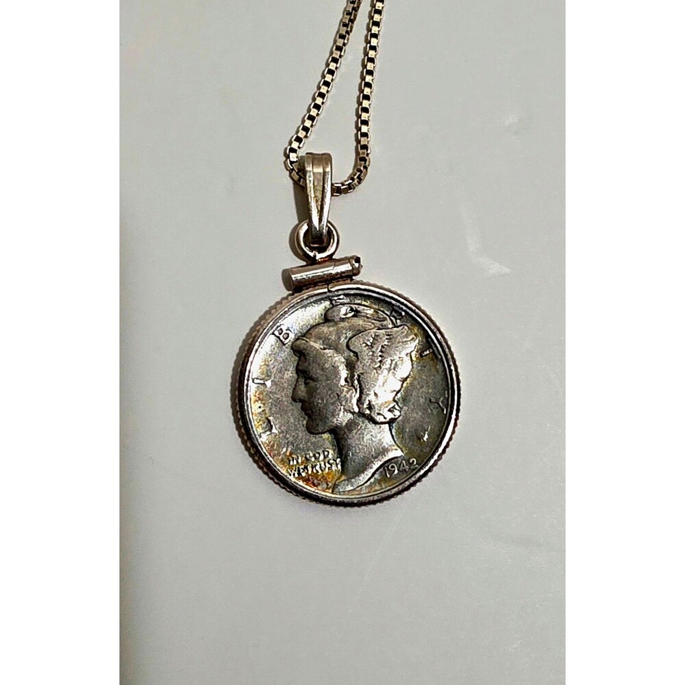 Vintage Silver Mercury Coin Pendant Necklace 18in
